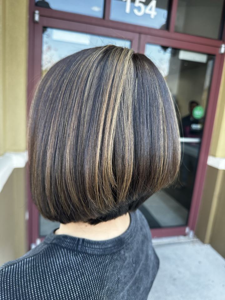 Hair after a haircut and highlights, seen from behind